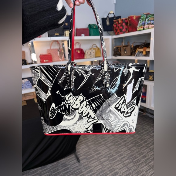 Christian Louboutin Handbags - Christian Louboutin Black & White Graffiti Patent Tote with Red Trim.